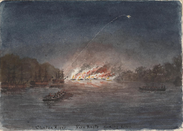 Gemälde zeigt Boote auf Wasser mit einem großen Feuer im Hintergrund, umgeben von Bäumen und einem sternenklaren Himmel, mit der Beschriftung "Canton River Fire Rafts Coming Down" unten.