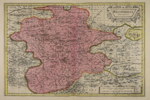Eine alte Karte von Westfalen, Deutschland, mit den Provinzen des Königreichs England und Wales deutlich sichtbar, gedruckt auf Papier mit detailliertem Text über die Region.