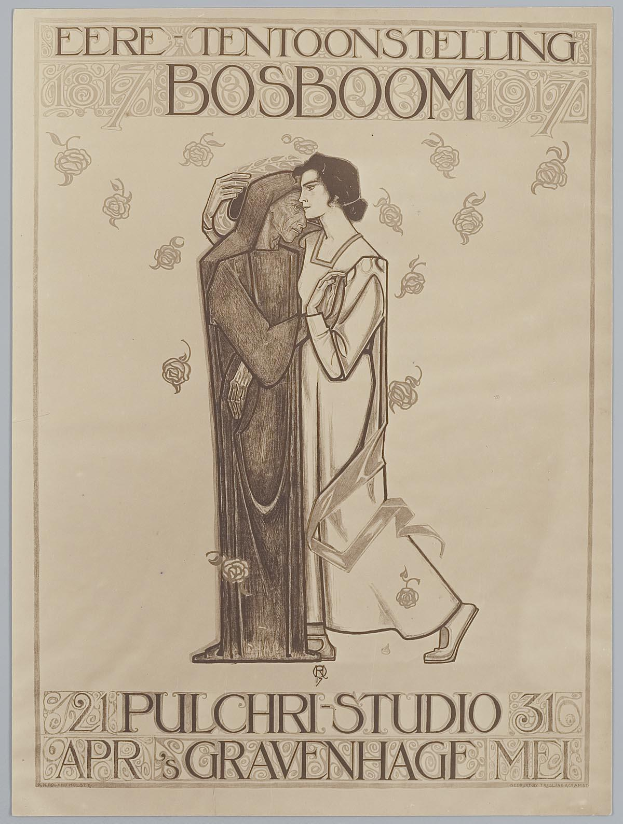 Ein Konzertplakat mit einem Mann im Anzug und einer Frau in einer Schürze nebeneinanderstehend mit ernsten Gesichtern, Text auf dem Plakat beschreibend das Ereignis.