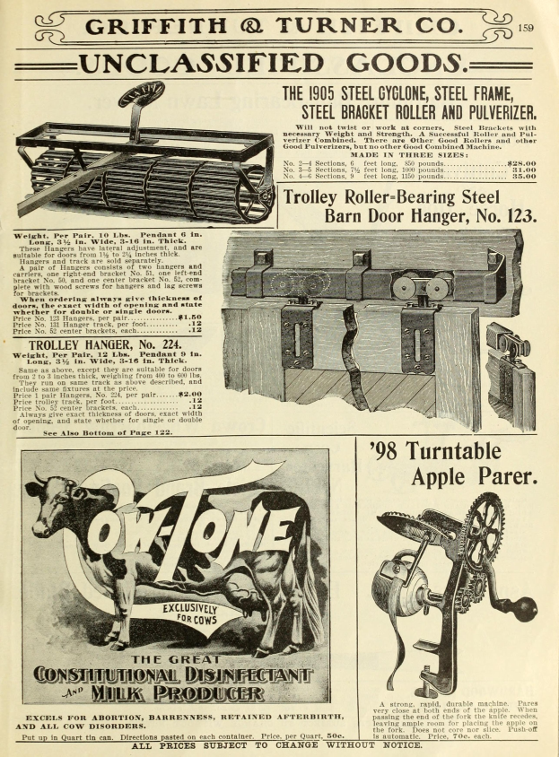 Eine alte Werbung mit einer zentralen Kuh, einer Maschine auf jeder Seite und einer fett geschriebenen Text umrandet von einem dekorativen Rahmen.