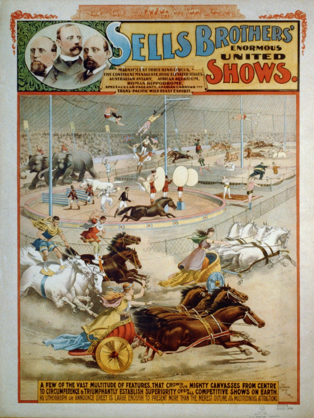Plakat, das Sell's Brothers' Riesige Vereinigte Shows bewirbt, zeigt eine Gruppe von Menschen, die auf Pferden in einem Zirkus reiten, mit Text, der die Veranstaltungen beschreibt.
