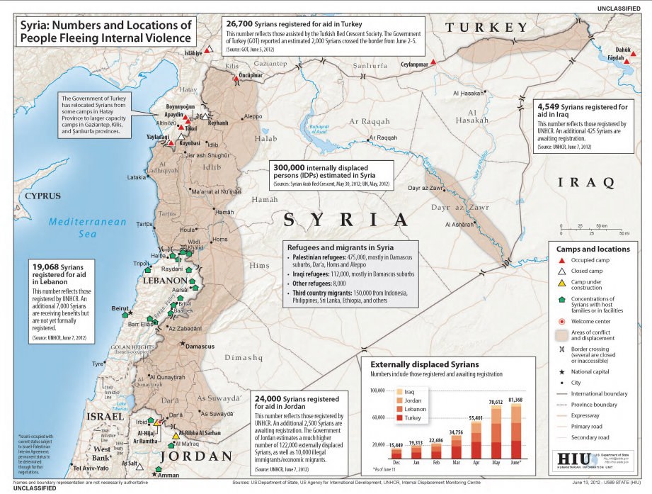 Ein Plakat mit einer Karte von Syrien, auf der Daten zu Binnenflüchtlingen aufgrund von Gewalt dargestellt sind, begleitet von erklärendem Text und Grafiken.