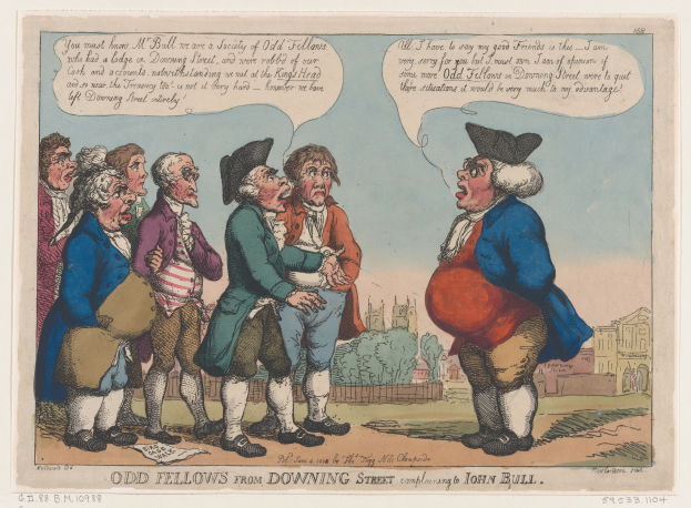 Zeichnung einer Gruppe von Menschen vor einem Gebäude, Bäumen und einem Himmel, mit Text unten, der 'odd fellows from downing street complaining to John Bull' lautet.