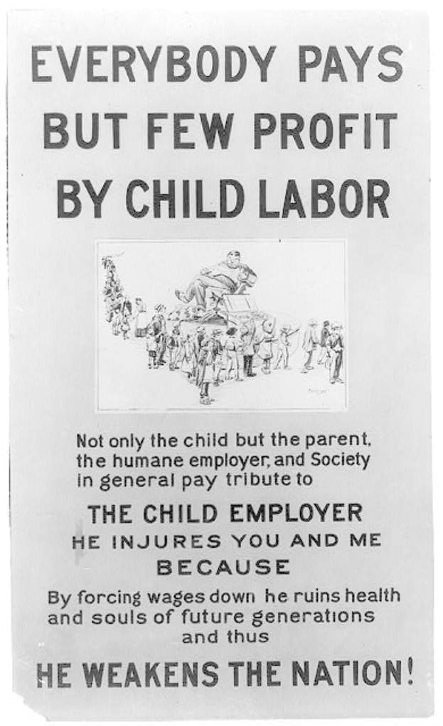 Schwarz-weißes Plakat mit Text "Jeder zahlt, aber wenige profitieren von Kinderarbeit" zeigt eine Gruppe von Menschen, die gegen Kinderarbeit in den Vereinigten Staaten kämpft.
