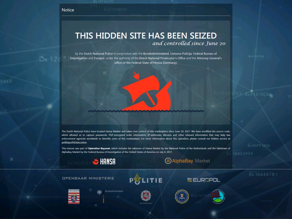 Ein Computerbildschirm zeigt eine Nachricht "This Hidden Site Has Been Seized" mit dem Logo der niederländischen Polizei, einem blauen Schild mit einem weißen Stern in fetter schwarzer Schrift gegen einen weißen Hintergrund.