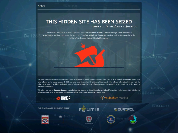 Ein Computerbildschirm zeigt eine Nachricht "This Hidden Site Has Been Seized" mit dem Logo der niederländischen Polizei, einem blauen Schild mit einem weißen Stern in fetter schwarzer Schrift gegen einen weißen Hintergrund.