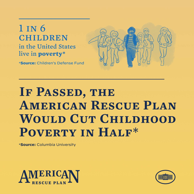 Plakat für das American Rescue Plan, das die Hälfte der Kindarmut in den USA reduzieren würde, mit einem Bild einer vielfältigen Gruppe von Menschen.