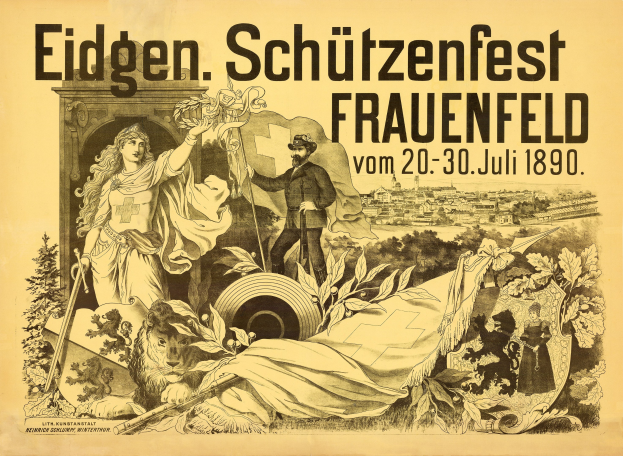 Plakat zum Eidgen Schützenfest in Frauenfeld, Deutschland, mit einem Mann im Anzug und einer Frau im Kleid, die nebeneinander stehen, und Textdetails zum Event.