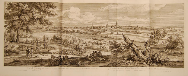 Offenes Buch mit dem Titel 'Ansicht der Schlacht von Castellum und Castellium aus der Illustrated London News' mit einer detaillierten Landschaftszeichnung mit Menschen, Bäumen, Pflanzen, Gebäuden und Wolken.