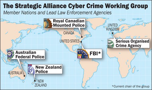 Ein Plakat mit einer farbcodierten Karte der Strategischen Allianz Cyber Crime Working Group, umgeben von Logos und Namen beteiligter Organisationen in einer kreisförmigen Anordnung.
