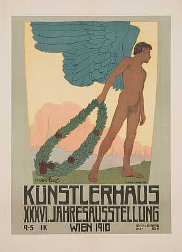 Deutsches Propagandaplakat aus dem Jahr 1910 für das Künstlerhaus Wien mit einem geflügelten Mann in einem Kranz, dessen Arme ausgebreitet sind, und einer großen Schrift oben.