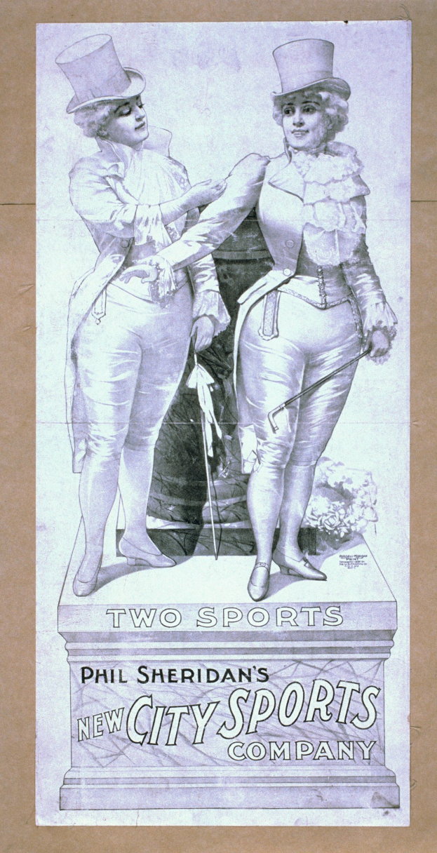 Plakat für Phils neue Stadt-Sportfirma mit zwei Personen nebeneinander und Text, der die Firma und ihre Dienstleistungen beschreibt.