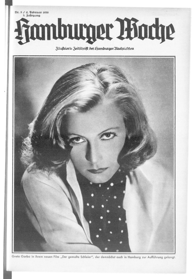 Schwarzes und weißes Porträt von Greta Garbo auf dem Cover eines Magazins, das ein weißes Kleid mit einem gemusterten Schultertuch trägt und deren Haar zurückgekämmt ist und deren Blick den des Betrachters trifft.