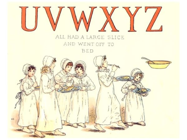 Eine Gruppe von Menschen mit Tellern mit Essen, wobei ein Schüsselchen und Löffel auf der rechten Seite zu sehen sind, und der Text "Uwxyz - Alle hatten ein großes Stück und gingen ins Bett" oben.
