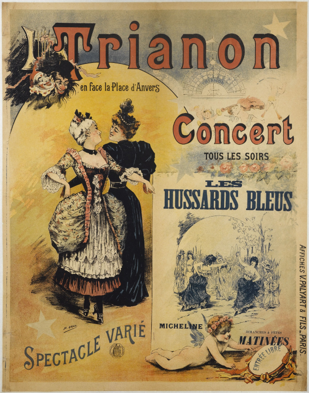 Plakat für ein Konzert mit einer Frau in einem langen, hochgeschlossenen Kleid und einem Mann in einem Anzug, der hinter ihr steht und die Arme verschränkt, beide mit ernsten Gesichtern.