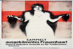 Deutsches Propagandaplakat mit Text, das eine Frau mit langen Haaren zeigt.