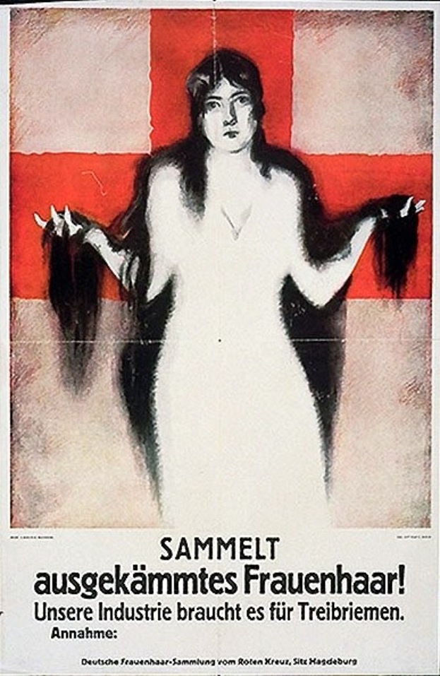Deutsches Propagandaplakat mit Text, das eine Frau mit langen Haaren zeigt.