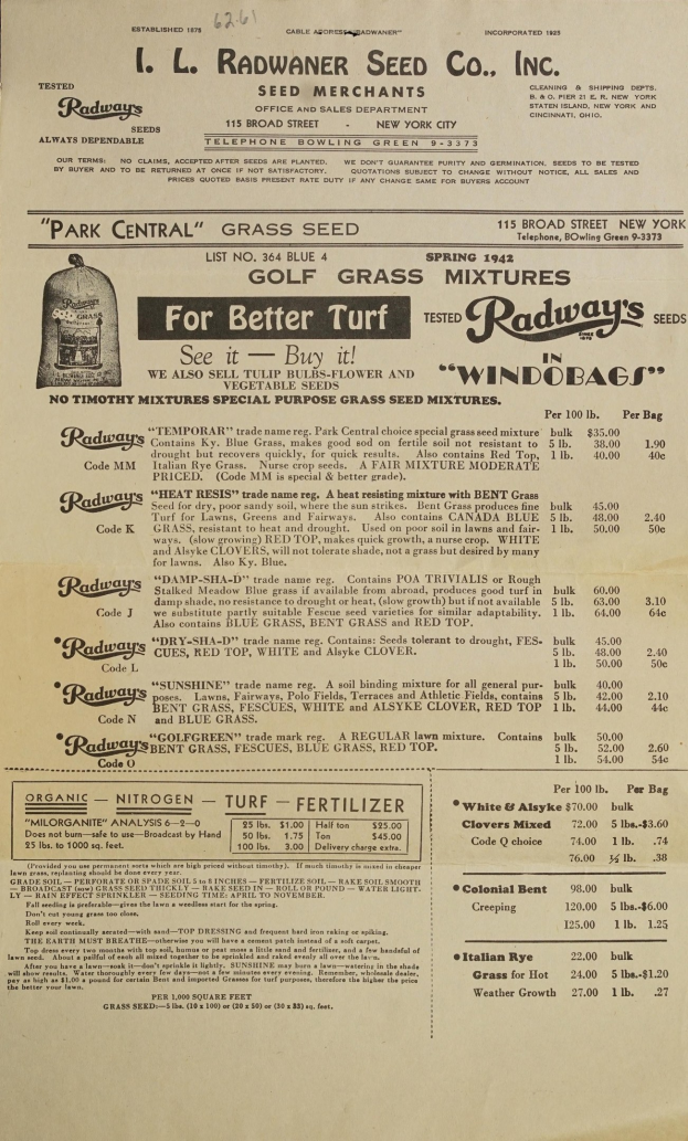 Alte Werbung für Radway's Seed Co. Inc. auf altem Papier mit Text über die Dienstleistungen des Unternehmens.