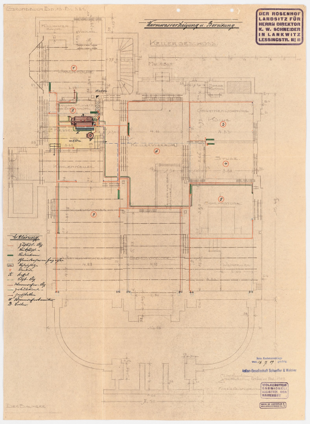 Schwarz-weißes Architekturdiagramm des Rosenhof-Krankenhauses in Hamburg, Deutschland, das detaillierte Layout mit zahlreichen Drähten, Räumen, Fluren und Textanmerkungen zeigt.