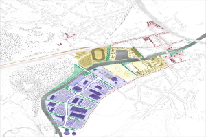 Vorgeschlagener Grundrissplan für die neue Stadt London, eine farbcodierte Karte, die verschiedene Stadtbereiche zeigt.