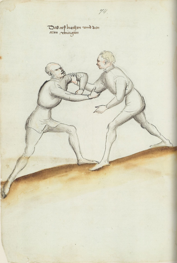 Zwei Männer in einer körperlichen Auseinandersetzung, einer wirft einen Schlag auf den anderen, der auf Papier mit gedrucktem Text steht.