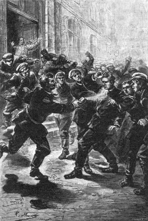 Schwarze und weiße Illustration einer gewalttätigen Straßenprügelei unter einer Gruppe von Männern in viktorianischem London, mit einem Gebäude im Hintergrund und Text, der unten 'Victorian riots in London, England' lautet.