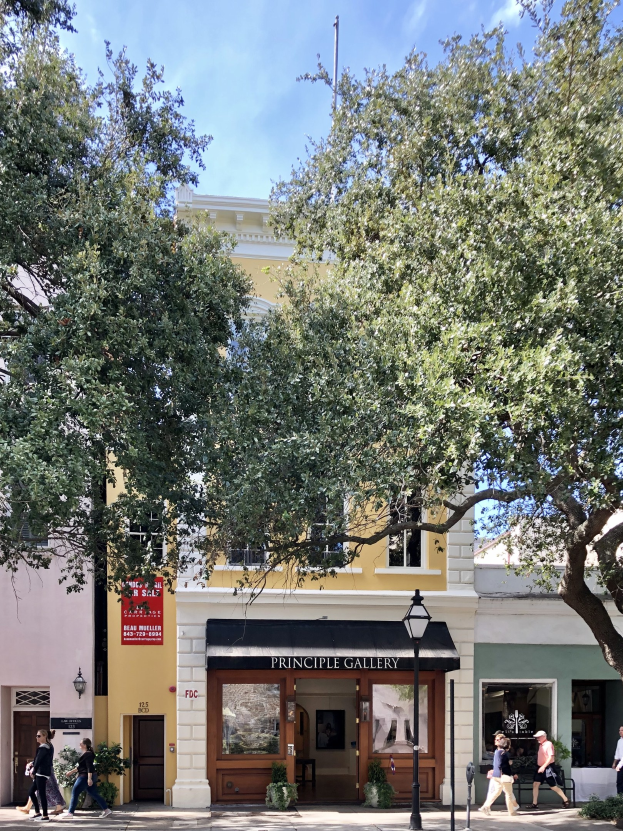 Gruppe von Menschen, die an der Principle Gallery in Charleston, SC, vorbeigehen, mit Topfpflanzen, einer Straßenlaterne, einem Schild, einer Fahne und einem Fahnenmast unter einem bewölkten Himmel.