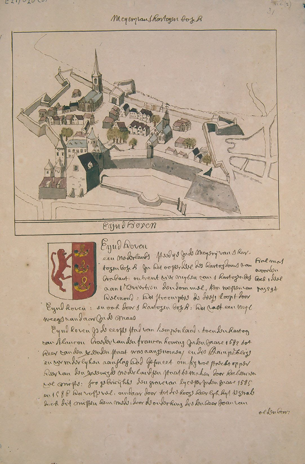 Ein altes Buch mit einer Zeichnung einer Stadt auf dem Cover, einschließlich einiger Gebäude und eines Logos, mit zusätzlichem Text über die Stadt.