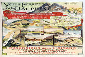 Ein Plakat, das eine Tour durch die französischen Alpen ankündigt und Bilder von Hügeln, Blumen und Text enthält.