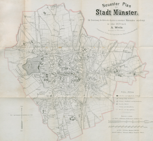 Alte detaillierte Karte der Stadt Münster, Deutschland von 1873, die den Stadtplan mit Textanmerkungen zeigt.