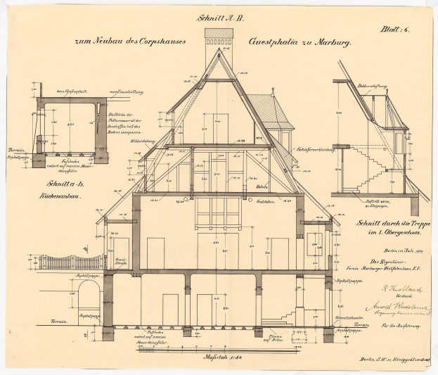 Schwarz-weißes Architekturzeichnung eines Hauses mit zahlreichen Fenstern und einem Dach, beschriftet als das erste Haus in Deutschland, begleitet von detaillierten Strukturplänen und Text.