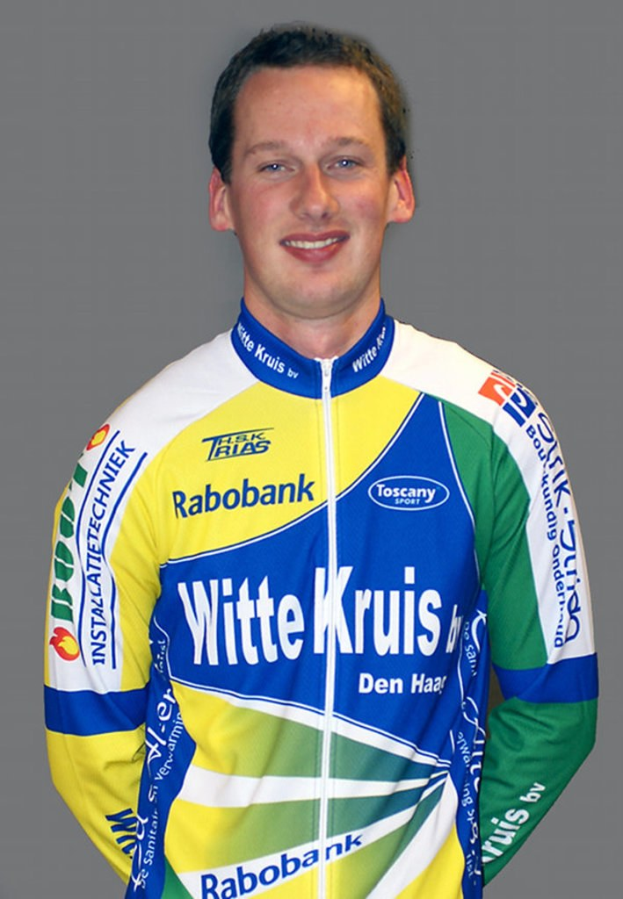 Ein männlicher Athlet posiert für ein Foto, trägt ein Jersey mit mehreren Sponsorenlogos.