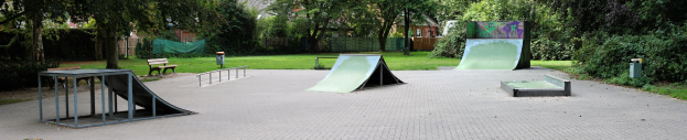 Ein Park mit einer zentralen Skateboard-Rampe, umgeben von Bänken, Geländern, Gras, Pflanzen, Bäumen und Gebäuden im Hintergrund.