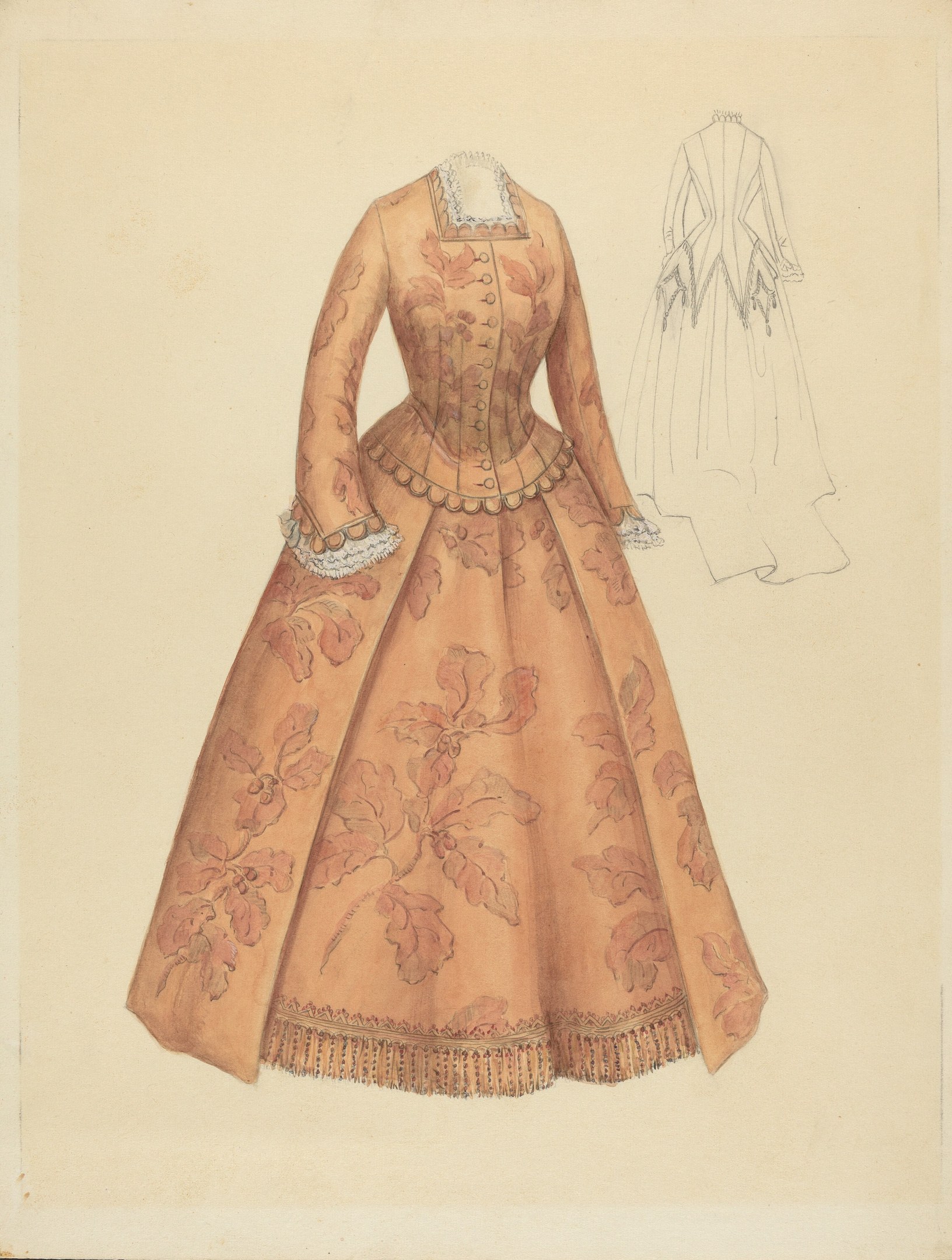 Ein detailliertes Kostümdesign aus dem 18. Jahrhundert, das ein langes Kleid mit floralem Muster, hohem Kragen, Spitzenbesatz am Rock und einem pink-, lila- und blau florierten Oberteil auf einem hellblauen Hintergrund zeigt.