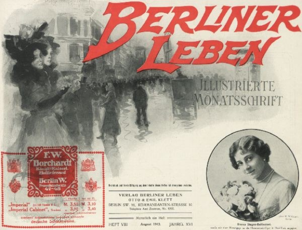 Anzeigenplakat für den Film Berliner Leben, das eine Gruppe von Menschen vor einem Gebäude zeigt, mit Text, der den Film und seine Charaktere beschreibt.