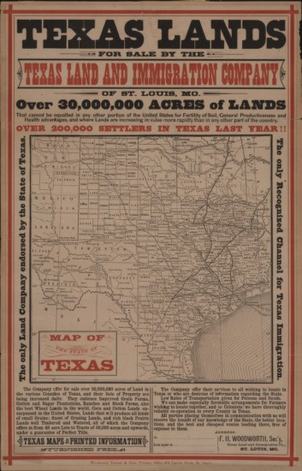 Detailiertes altes Kartenbild der Texas Land and Immigration Company auf schwarzem Hintergrund, das Land- und Einwanderungsgesellschaften in Texas zeigt.