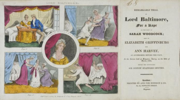 Ein historisches Prozessdokument mit Illustrationen von Menschen, Vorhängen und Text.