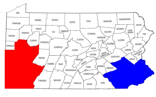 Eine Karte von Pennsylvania mit Landkreisen in rot und blau markiert, beschriftet mit "Pennsylvania Wahl-Ergebnisse."