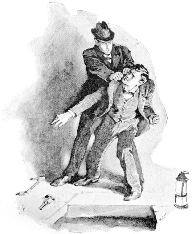 Eine Schwarz-Weiß-Zeichnung von zwei Männern, einer trägt den anderen, mit einer Lampe und einem Hammer auf der rechten Seite, was auf eine Verbrechenszene hindeutet.