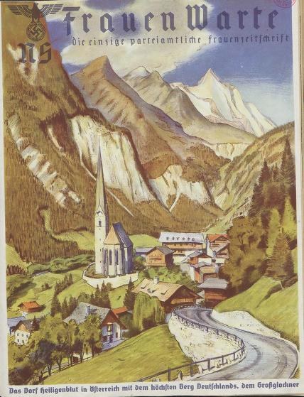 Altes deutsches Reiseplakat aus den 1930er Jahren, das eine kleine Bergstadt mit Häusern, Bäumen und einer gewundenen Straße zeigt, begleitet von Text.