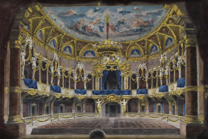 Ein Gemälde eines Theaterinneren mit einer prächtigen, kunstvoll gestalteten Decke, verzierten Wänden mit Säulen, Geländern und Vorhängen und einem Teppichboden, gekrönt von einem zusätzlichen Gemälde.