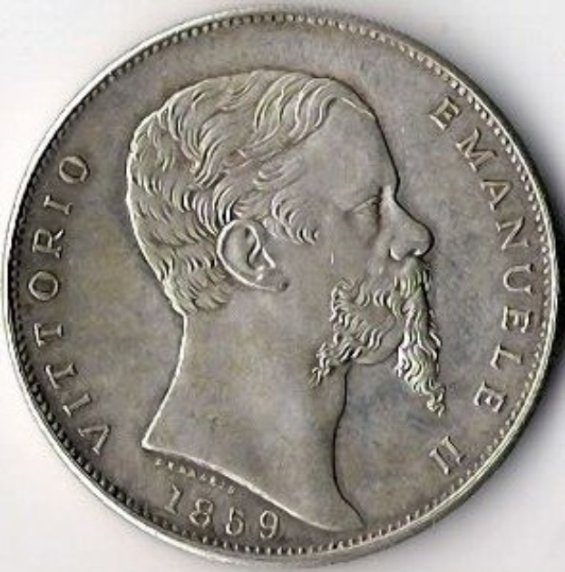 Silbermünze aus Italien aus dem Jahr 1859 mit dem Bild eines bärtigen Mannes und der Inschrift "Vittorio Emanuele II" auf einem weißen Hintergrund.