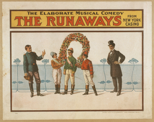 Plakat für 'Elaborate Musical Comedy Runaways from New York Casino' mit einer Gruppe von Menschen in einer Reihe, einer Person mit einem Blumenstrauß und Werbetext.