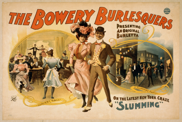 Plakat für "The Bowery Burlesquers" mit einer Gruppe tanzender Menschen vor Gebäuden, mit Textbeschreibung des Ereignisses.