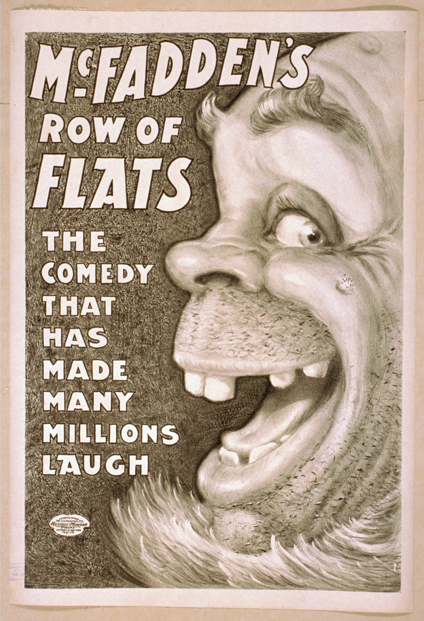 Plakat einer lachenden Person mit wilden Haaren vor einem gelben Hintergrund, das 'McFadden's Row of Flats: The Comedy That Has Made Many Millions Laugh' ankündigt.