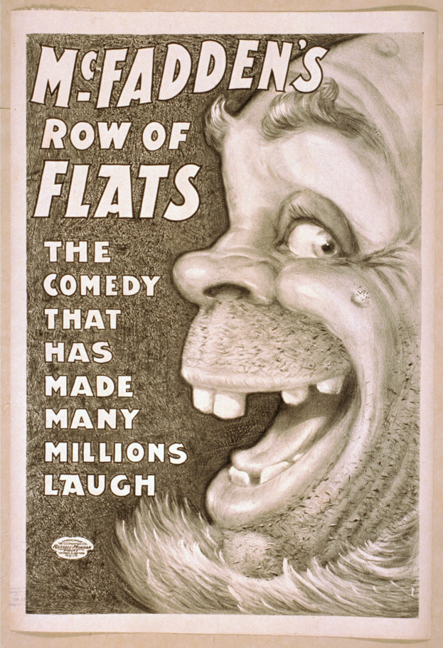 Plakat einer lachenden Person mit wilden Haaren vor einem gelben Hintergrund, das 'McFadden's Row of Flats: The Comedy That Has Made Many Millions Laugh' ankündigt.