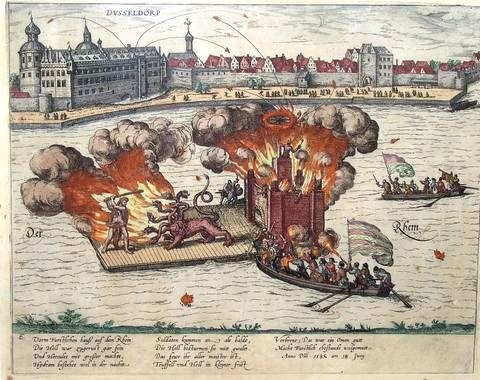 Gemälde zeigt die Belagerung von Dresden im Jahr 1685, das ein Feuer auf Wasser mit einem Boot voller Menschen zeigt, umgeben von Gebäuden, Bäumen und einem Himmel.
