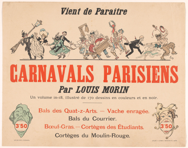 Ein Papier mit dem Titel "Carnivals Parisiens par Louis Morin", das farbenfrohe Illustrationen von Menschen in bunten Kostümen und Masken bei einer lebendigen KarnevalsSzene zeigt, mit fetter Schrift, die den Titel betont.