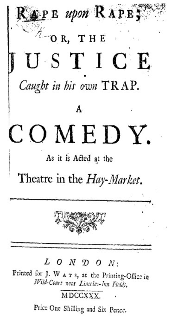 Schwarzes und weißes Poster mit der Aufschrift "Vergewaltigung auf Vergewaltigung oder die Gerechtigkeit in ihrer eigenen Falle" in fetter schwarzer Schrift, wahrscheinlich Ankündigung einer Comedy-Show.