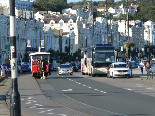 Vollständige Stadtstraße mit hohen Gebäuden, Fahrzeugen, Fußgängern, Verkehrszeichen, Laternen, Schildern, Bäumen und einem klaren blauen Himmel.